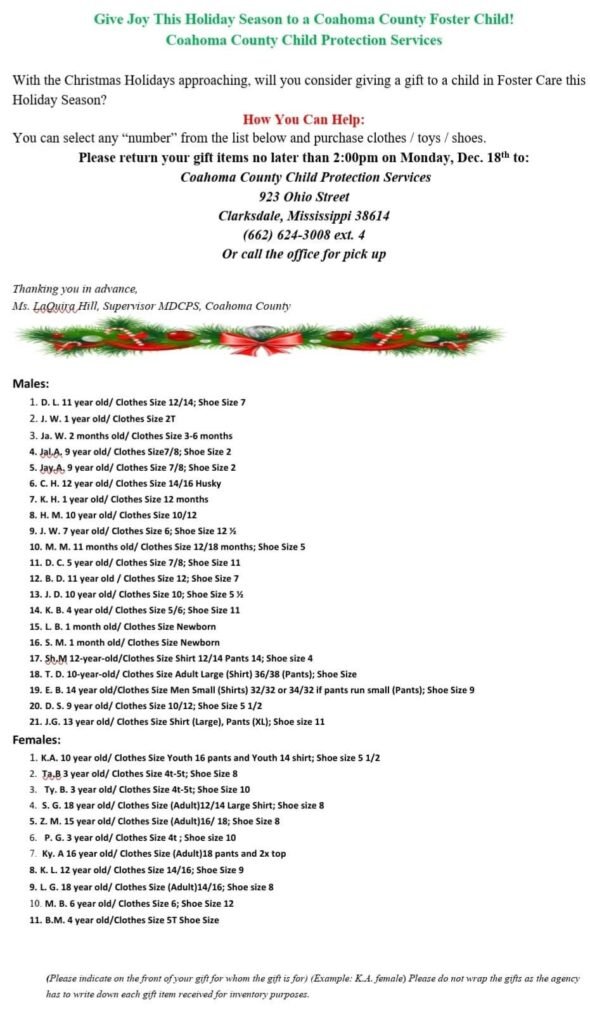 Give Joy to a Coahoma County foster child this holiday season!
