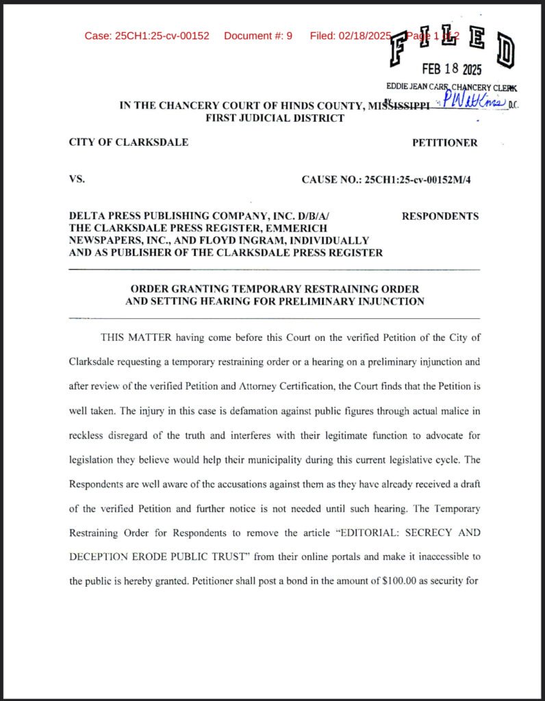 Judge Grants City of Clarksdale Temporary Restraining Order, Sets Hearing Against Clarksdale Press Register, Emmerich Newspapers, Inc., and Floyd Ingram