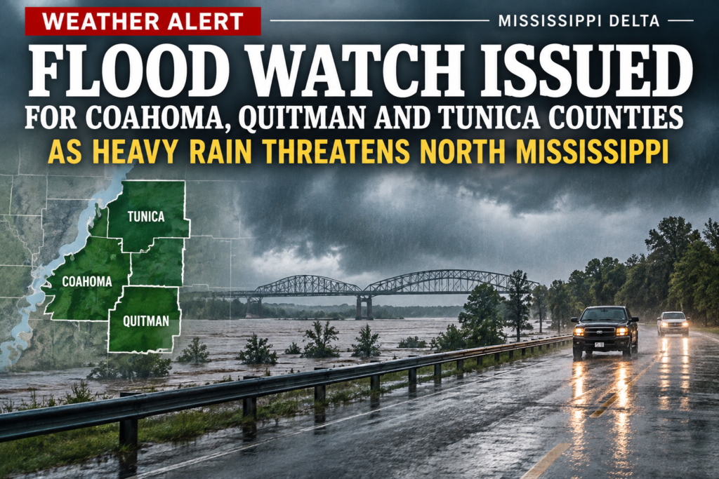 Flood Watch Issued for Coahoma, Quitman and Tunica Counties as Heavy Rain Threatens North Mississippi